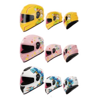 Casque de moto à motif dessin animé jaune, blanc et rose, sur fond blanc
