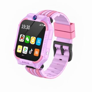 Montre connectée avec fonction appel, GPS et caméra. Ecran tactile et bracelet rose.