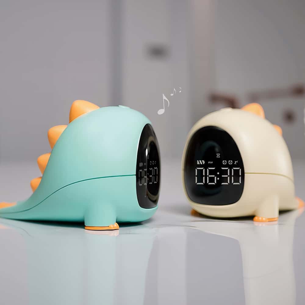 Réveil numérique en forme de dinosaure kawai enfant, vert et jaune doté d'un écran LED