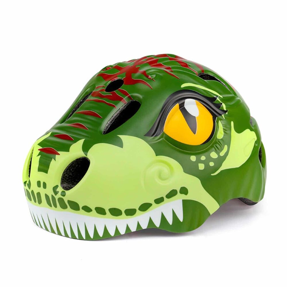 Casque de vélo forme dinosaure pour enfant, vert avec yeux jaune.