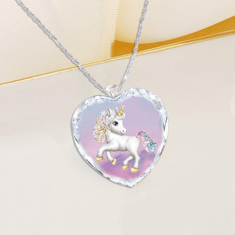 Collier Fille Pendentif Cœur Licorne Et Cheval - Alliage Et Verre - Longueur Chaîne 45+5 Cm - Cadeau Pour Enfant, Femme