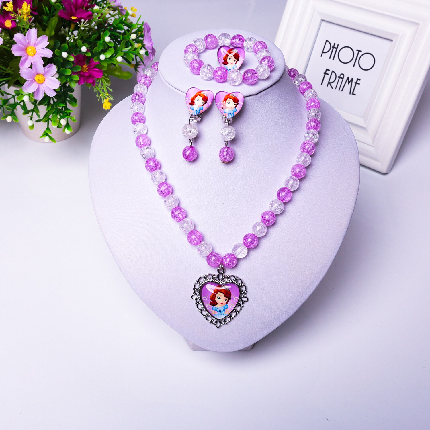 Ensemble bijoux 4 pièces motif Princesse Sofia pour filles en perles rose et blanc