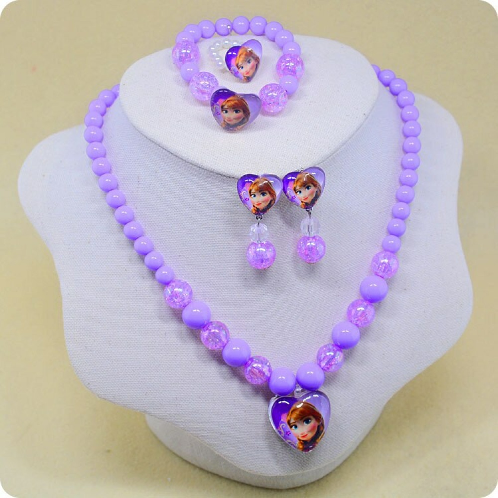 Ensemble bijoux perles 5 pièces motif Reine des neiges en violet