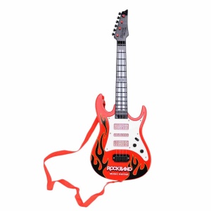 Guitare électrique à 4 cordes pour enfant rouge et blanche sur un fond blanc