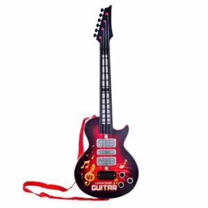 Guitare électrique à 4 cordes style rock, rouge et noir. Bonne qualité et très pratique.