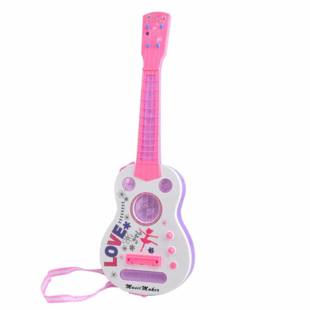 Guitare rose à 4 cordes pour enfant, couleur rose. Bonne qualité et très pratique.