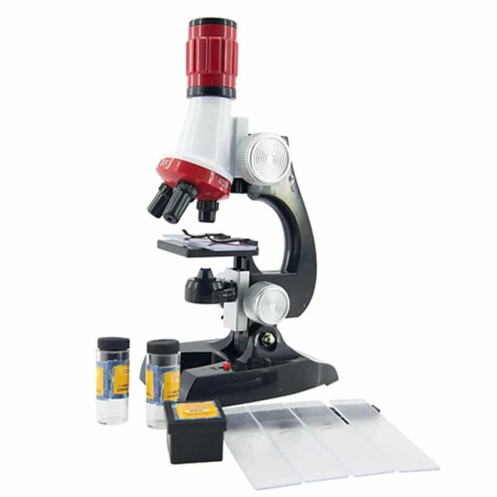 Microscope éducatif 100 à 1200x pour enfant blanc, rouge et noir sur fond blanc