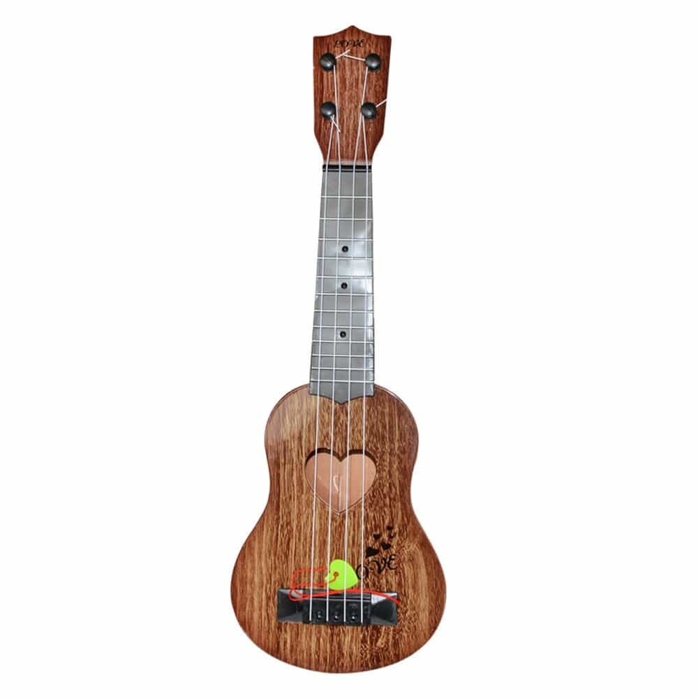 Mini guitare 4 cordes à motif cœur marron sur fond blanc
