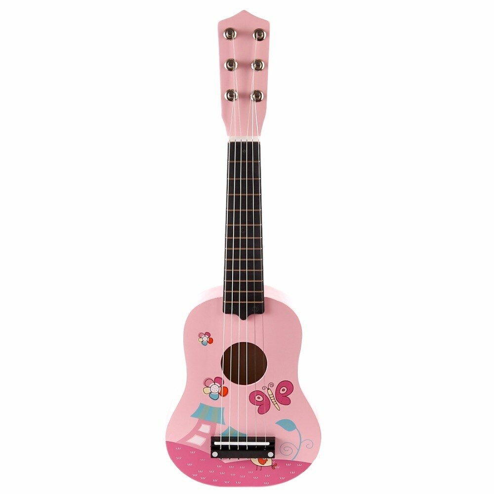 Mini guitare en bois à 6 cordes rose sur fond blanc