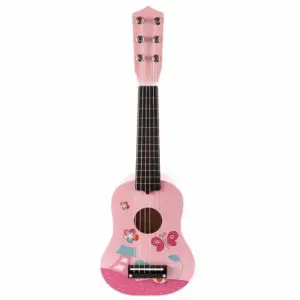 Mini guitare en bois à 6 cordes rose sur fond blanc