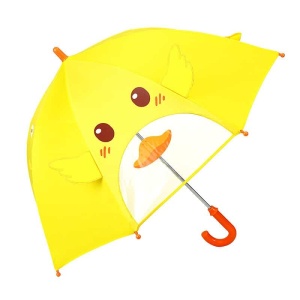 Parapluie en forme d'animal avec fenêtre transparente jaune avec yeux marron, et poigné rouge avec fond blanc