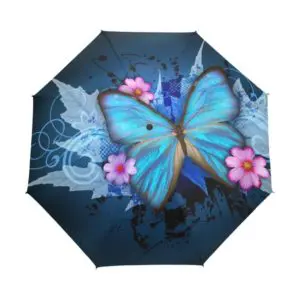 Parapluie enfant bleu à motif papillon avec fleurs en rose et fond blanc