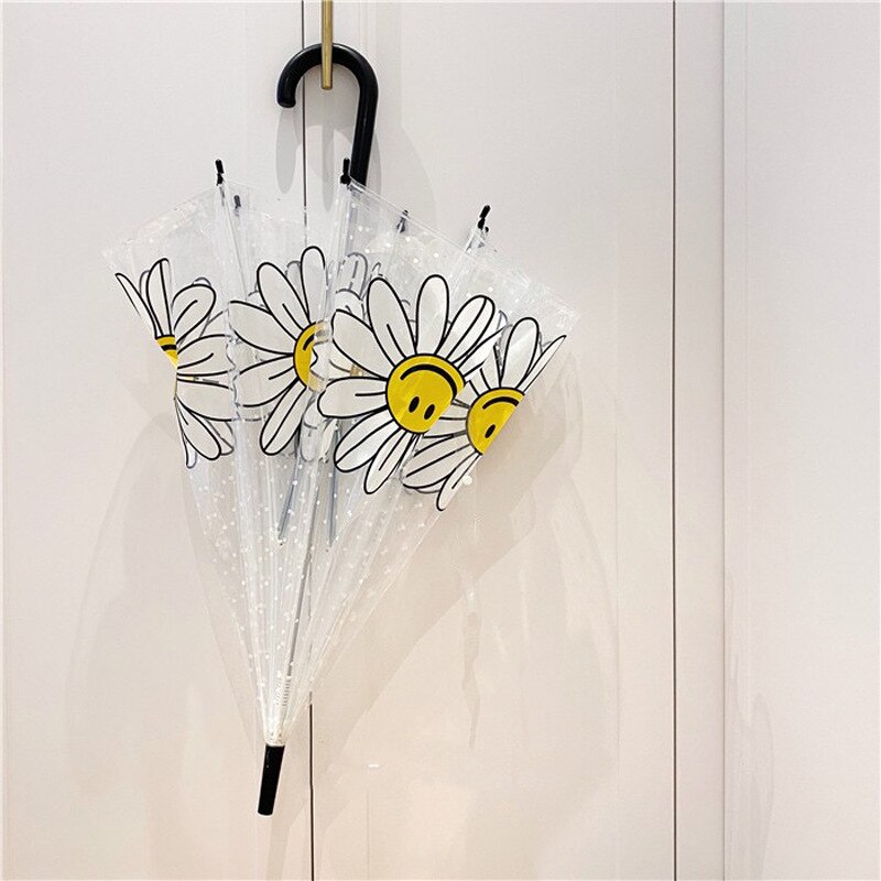 Parapluie transparent à motif floral avec poignée noir sur fond blanc