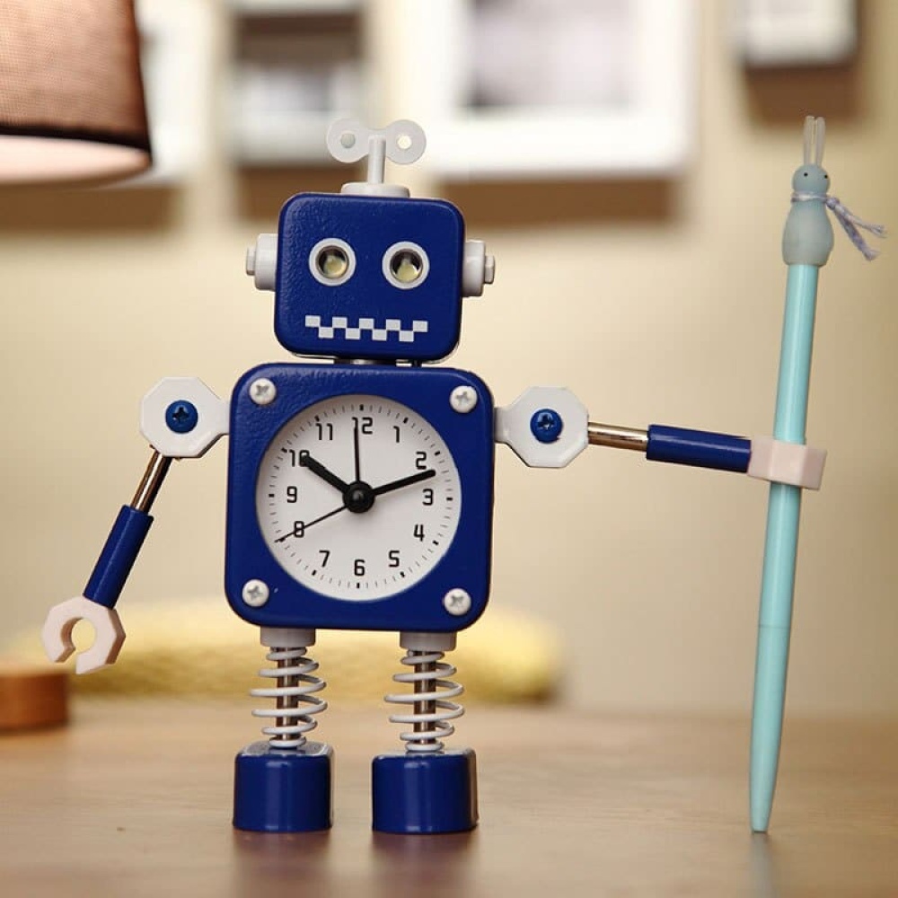 Petit robot réveil pour enfant avec stylo bleu