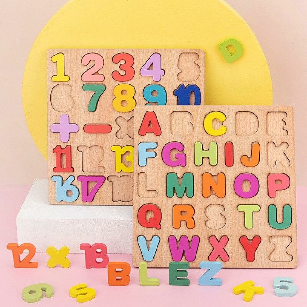 Planche de bois avec puzzle coloré alphabet et chiffre • Enfant World