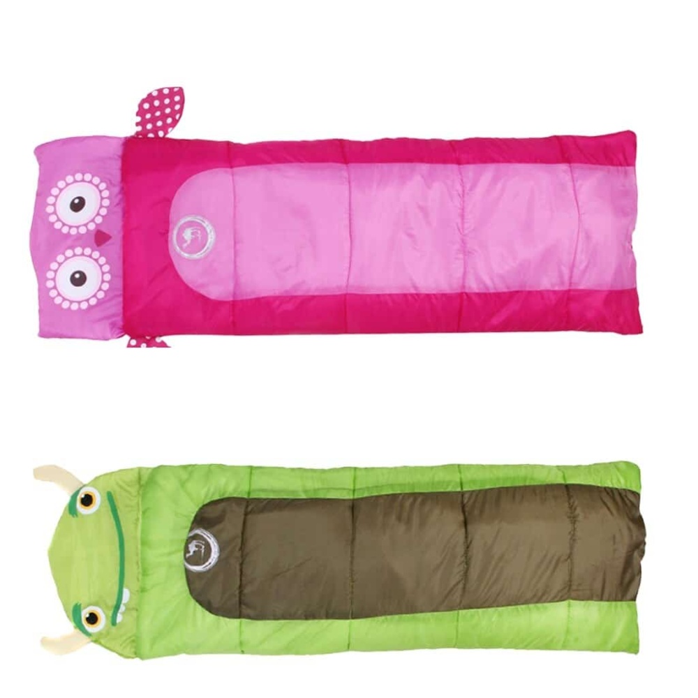 Sac de couchage en forme animal pour enfant en rose et vert avec fond blanc