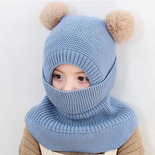 Casenly Cagoule Bébé, 3 En 1 Chapeau Et écharpe De Bébé D'hiver Chaud Cache Oreilles Chapeaux Bonnet Bebe Casquette Et Écharpe Masque Tricoté Enfant Double Pompon Cagoule Pour Fille Garçon, Beige