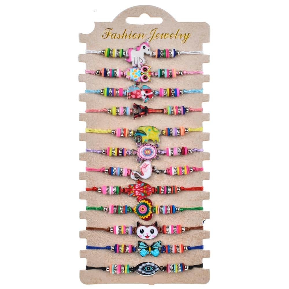 Ensemble de 12 bracelets multicolore à motif animaux. Bonne qualité et très tendance.