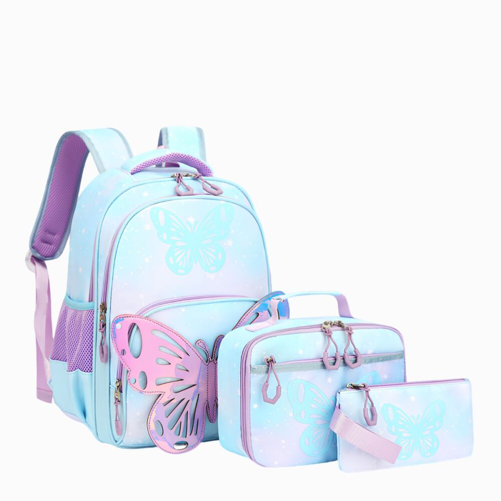 Sac à dos d'école à motif papillon 3D pour fille coloré bleu sur fond blanc