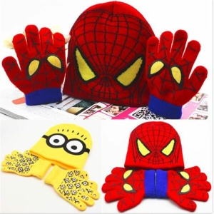 Bonnet et gants à motif dessin animé pour enfant, spiderman rouge et bleu et minion jaune et noir