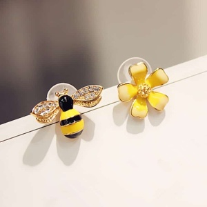 Boucle d'oreille en forme d'abeille et fleur pour fille jaune et noir avec ailles dorés