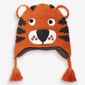 Cagoule tricotée à motif tigre pour enfant orange avec nez en noir et bouche en blanc