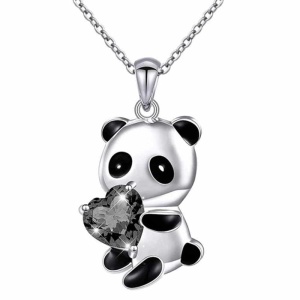 Collier enfant avec pendentif panda noir et argent avec coeur en diamant noir et chaine argenté
