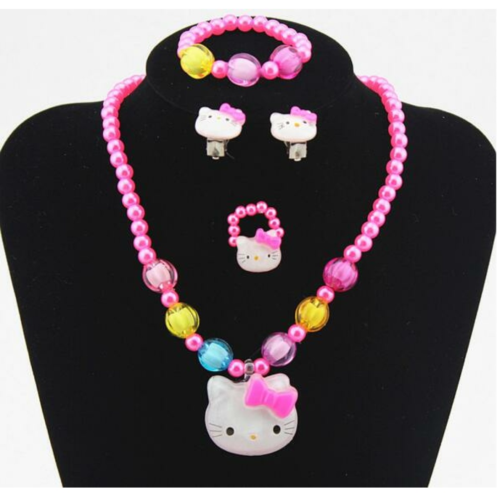 Ensemble de bijoux perle avec pendentif Hello Kitty en rose avec perles jaunes et bleu