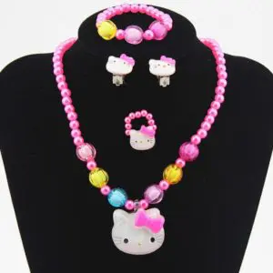 Ensemble de bijoux perle avec pendentif Hello Kitty en rose avec perles jaunes et bleu