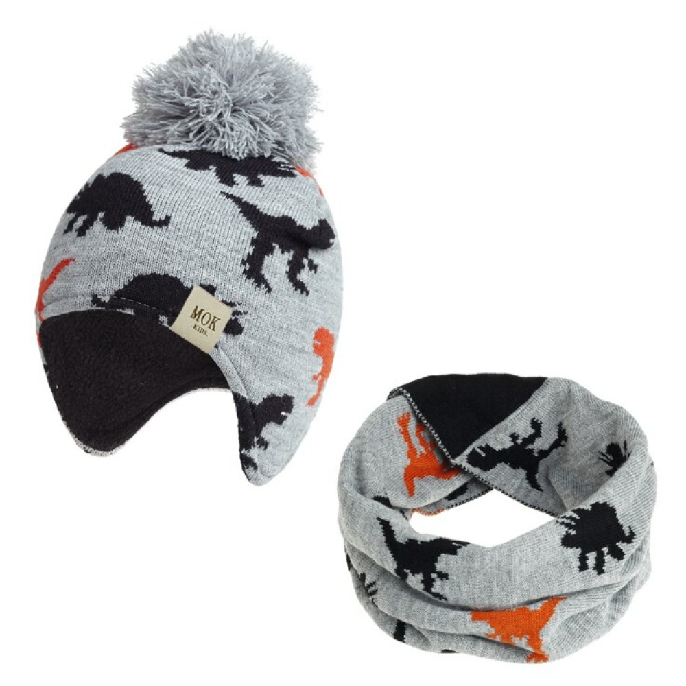 Ensemble de bonnet et écharpe à motif dinosaure pour enfant gris avec pompom et motifs orange et noir