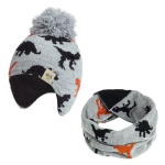 Ensemble de bonnet et écharpe à motif dinosaure pour enfant gris avec pompom et motifs orange et noir