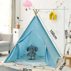 Tente tipi d'intérieur pour enfants bleu avec elephant a l'interieur dans une chambre avec un tapis blanc