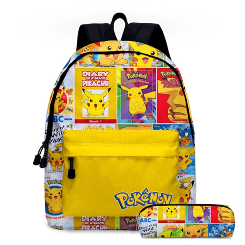 Sac à dos enfant Pokémon Go en jaune avec trousse et des motifs anime