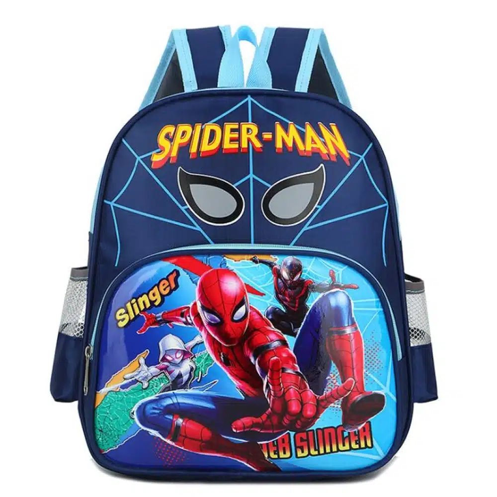Sac à dos Spiderman web slinger en bleu avec eciture spider man en jaune et rouge