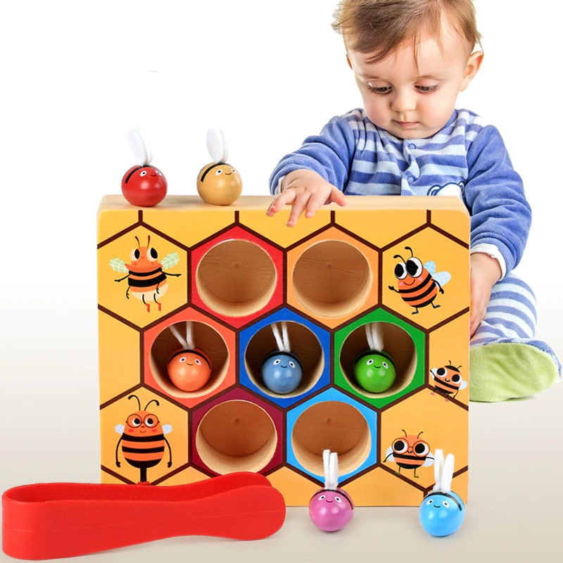 Jouet Ruche en Bois – Bois 17x3,5cm | Jeu Tri Couleurs Ruche | Assemblage Abeilles Éducatif Motricité Fine pour Reconnaissance Couleurs et Apprentissage Précoce