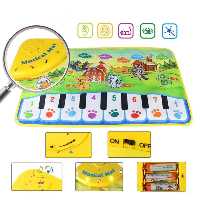 Tapis De Piano Musical Pour Enfant 4 En 1 - Tapis De Danse Pliable Thème Animalier Avec 6 Instruments, 14 Touches Et 26 Lettres