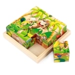 puzzle en cube avec motif foret en vert et sange dans une boite en bois