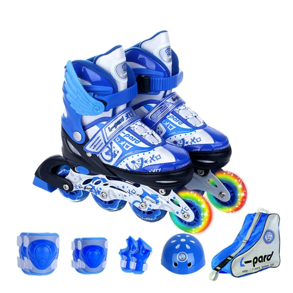 Chaussures de patins à roulettes avec ailes pour enfants en bleu et avec roue arc en ciel