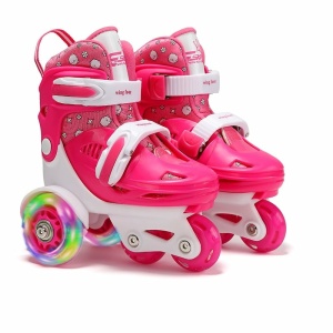 Rollers réglables pour enfants en rose et blanc avec roues arriere colorés