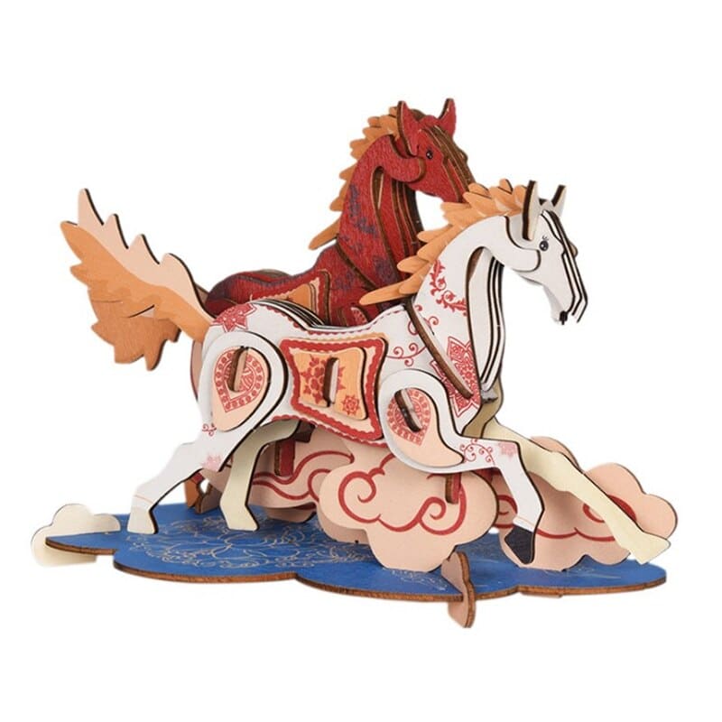 sculpture représentant 2 chevaux de bois emboités