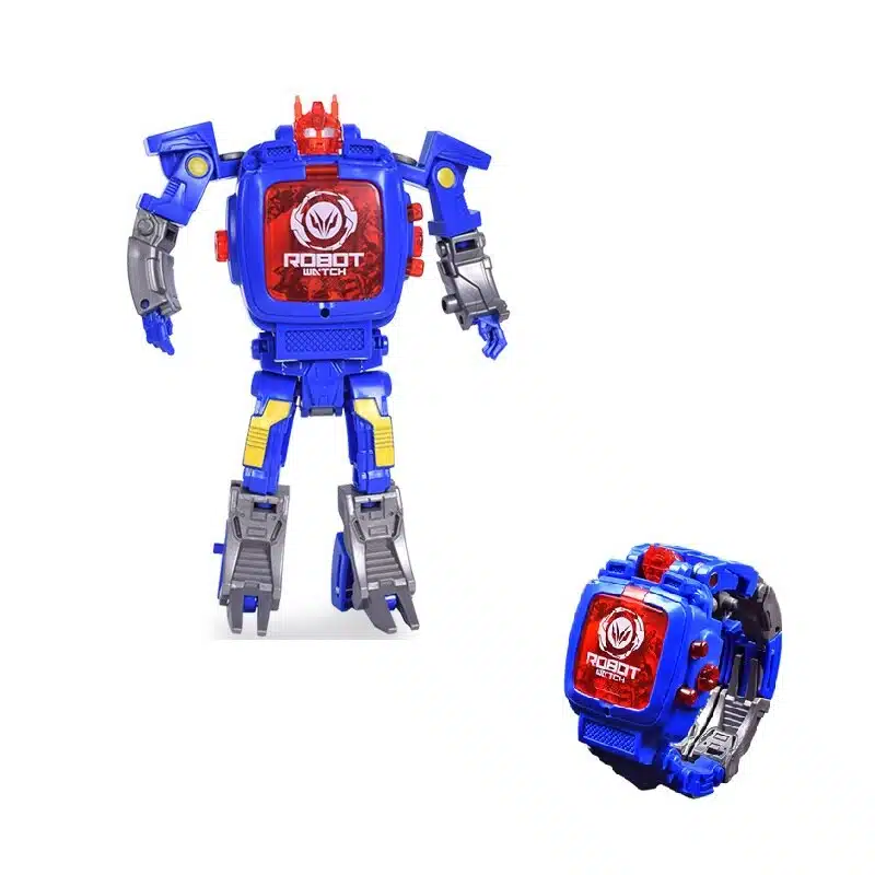Une montre  pour enfant bleu et rouge qui se transforme en jouet pour enfant en forme de robot style transformers