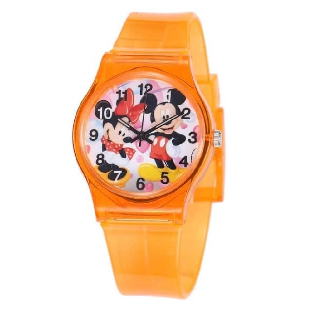 Montre enfant avec motif Mickey et Minnie orange sur fond blanc