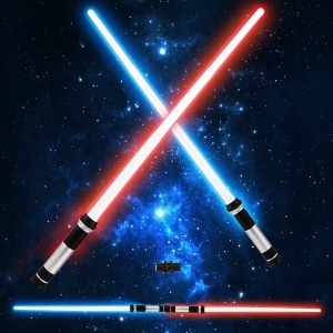 Sabre laser Star Wars rouge et bleu avec fond ciel spacial