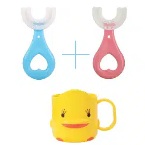 Brosse à dents enfant magique en forme de U avec tasse jaune et brosse bleu et rose