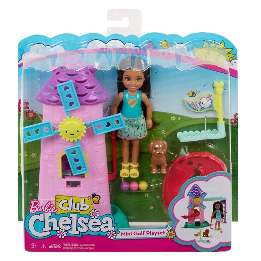 Barbie club chelsea terrain de golf avec moulin rose et bleu et des acessoires de golf