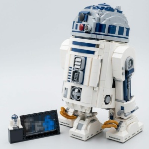Robot R2D2 à construire avec blocs style Lego blanc et bleu