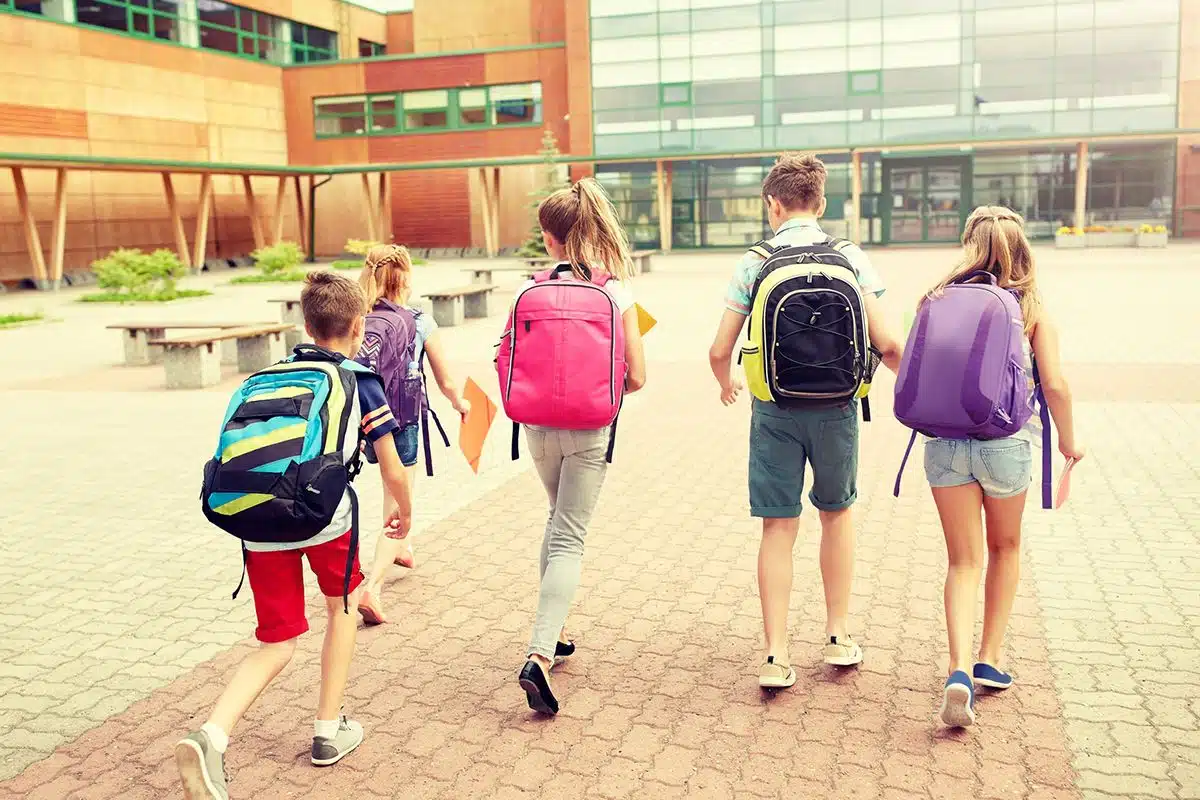 Un groupe de 5 enfants de dos qui marchent pour aller à l'école. Chaque enfant porte un cartable ou un sac à dos pour enfant de couleur