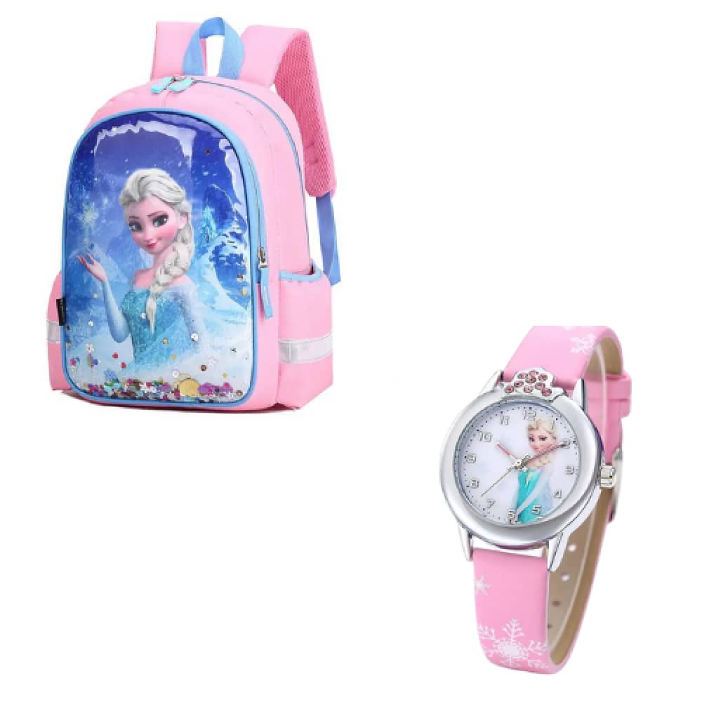 Pack sac à dos + montre Elsa en rose et bleu avec motif reine des neiges