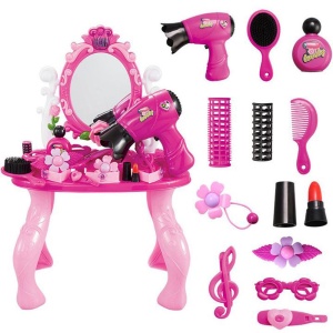 Coiffeuse rose avec miroir et divers accessoires pour enfant