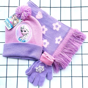 Ensemble d'écharpe et bonnet doux Reine des neiges pour enfants en violet avec des fleurs